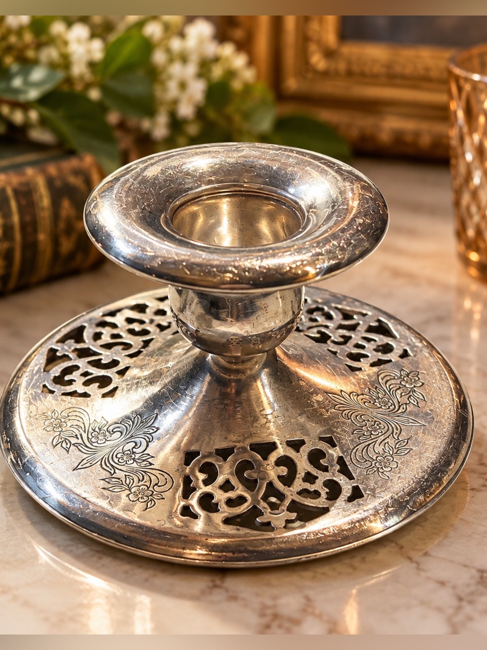 Vintage Birks EPNS Silver-Plated Candle Holder – Pierced Floral Design